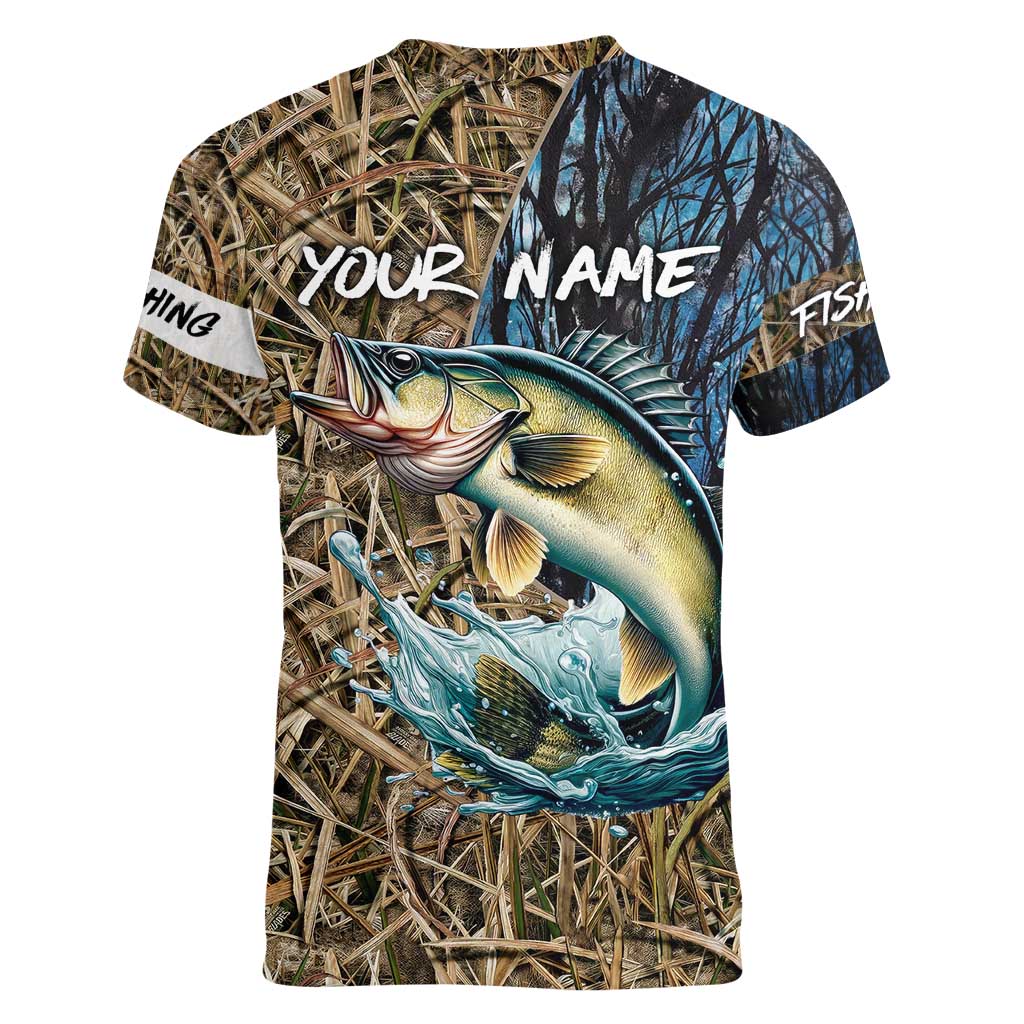 Personalized Walleye Splash Women V-Neck T-Shirt Camo Reeds and Night Forest Fishing Theme - Wonder Print Shop