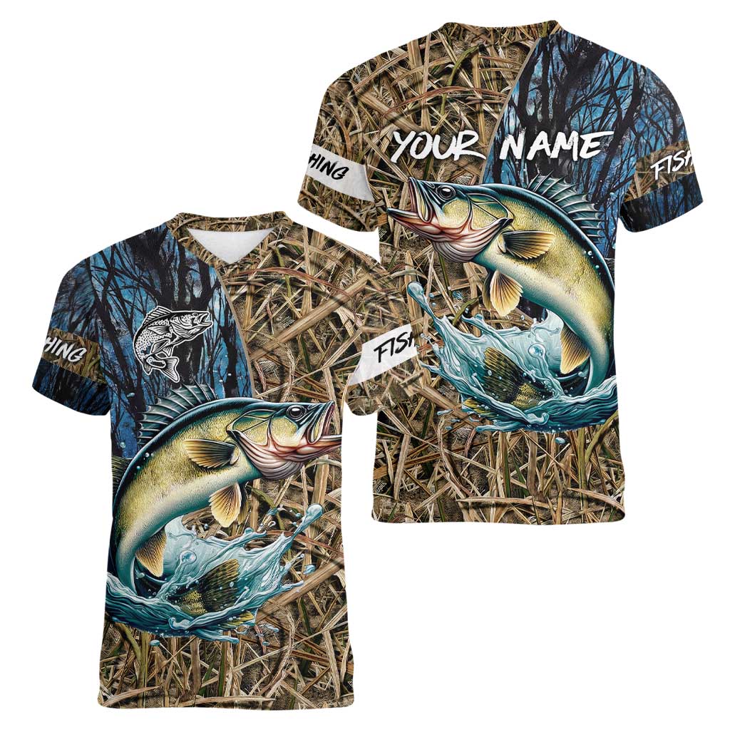 Personalized Walleye Splash Women V-Neck T-Shirt Camo Reeds and Night Forest Fishing Theme - Wonder Print Shop
