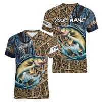 Personalized Walleye Splash Women V-Neck T-Shirt Camo Reeds and Night Forest Fishing Theme - Wonder Print Shop