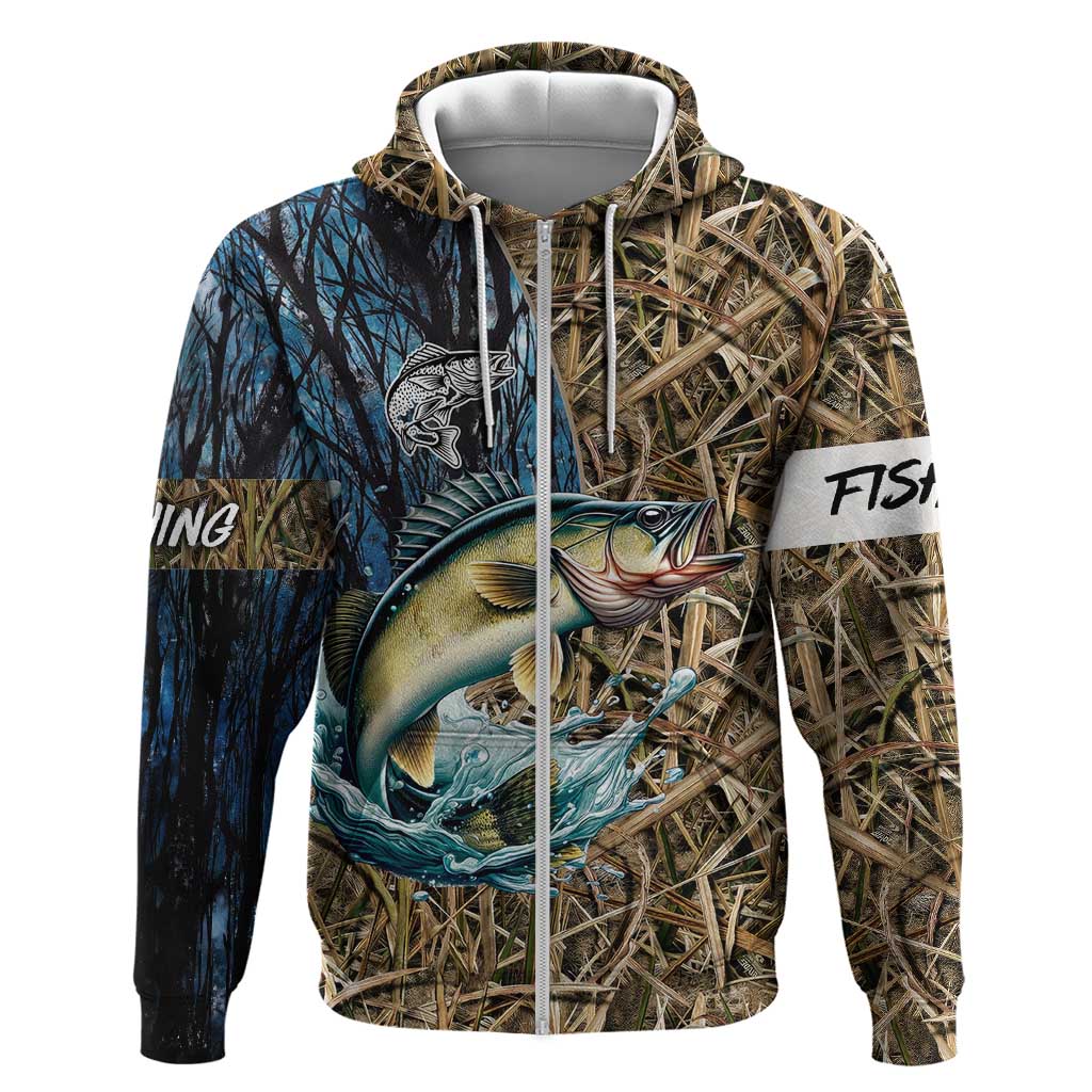 Personalized Walleye Splash Zip Hoodie Camo Reeds and Night Forest Fishing Theme - Wonder Print Shop