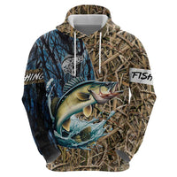 Personalized Walleye Splash Zip Hoodie Camo Reeds and Night Forest Fishing Theme - Wonder Print Shop