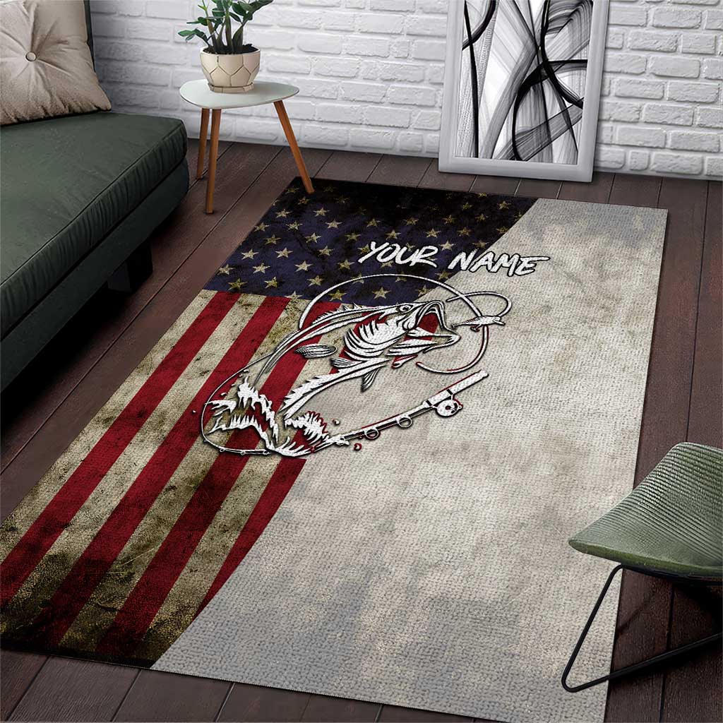 Personalized Distressed American Flag Bass Fishing Area Rug Hooked Fish and Rustic Vintage Theme - Wonder Print Shop
