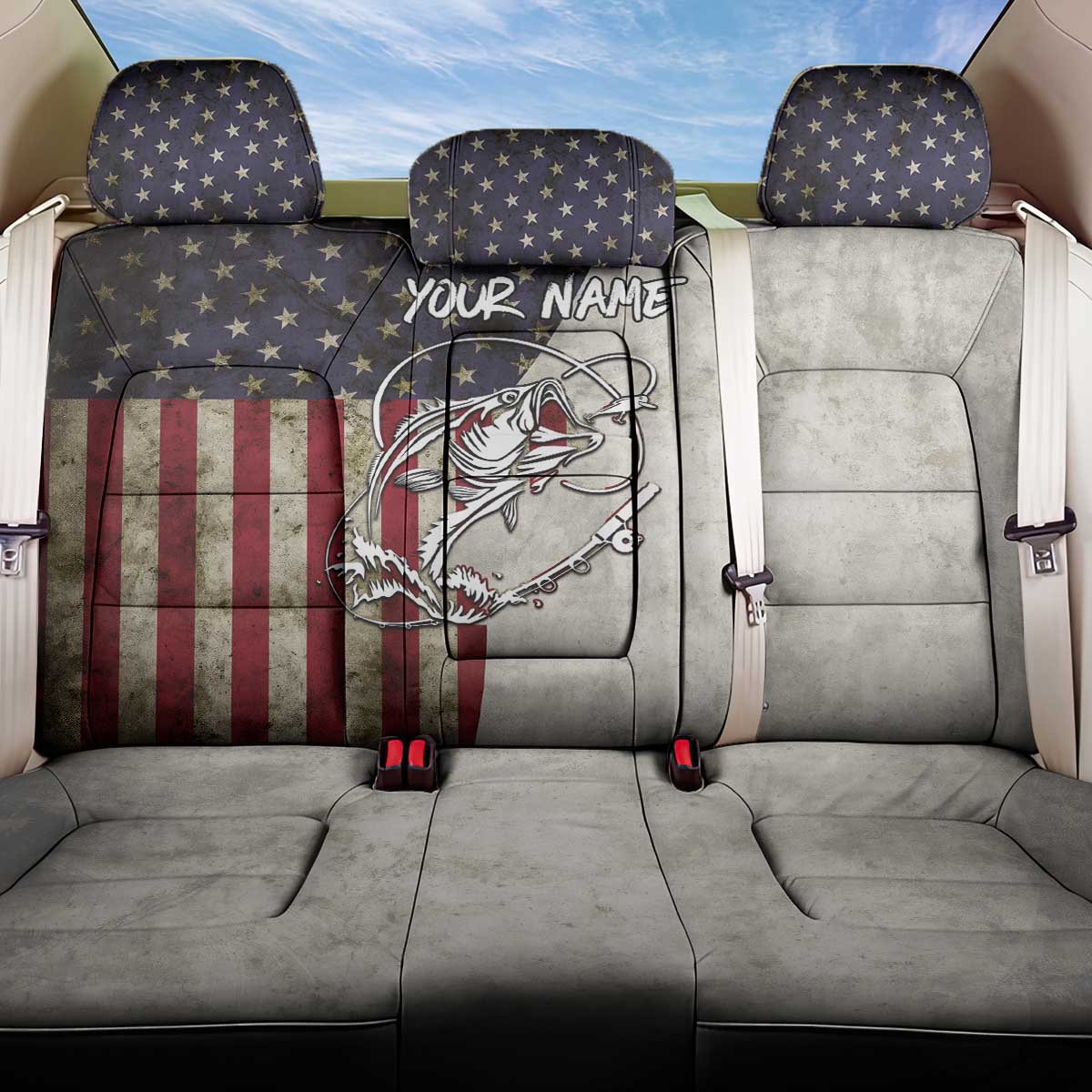 Personalized Distressed American Flag Bass Fishing Back Car Seat Cover Hooked Fish and Rustic Vintage Theme - Wonder Print Shop