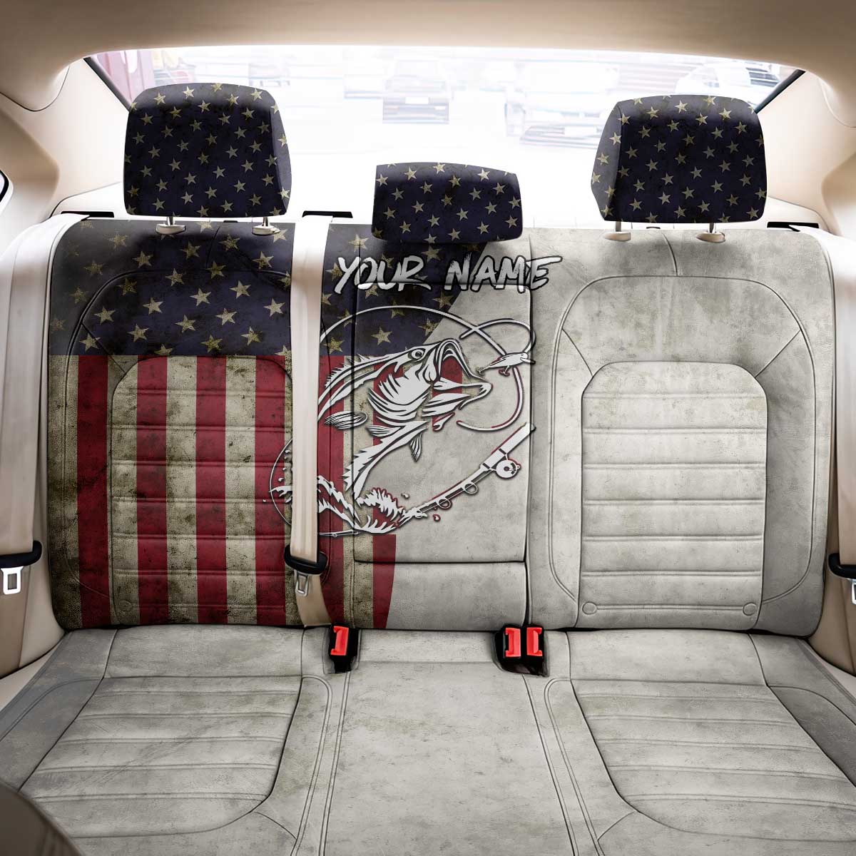 Personalized Distressed American Flag Bass Fishing Back Car Seat Cover Hooked Fish and Rustic Vintage Theme - Wonder Print Shop