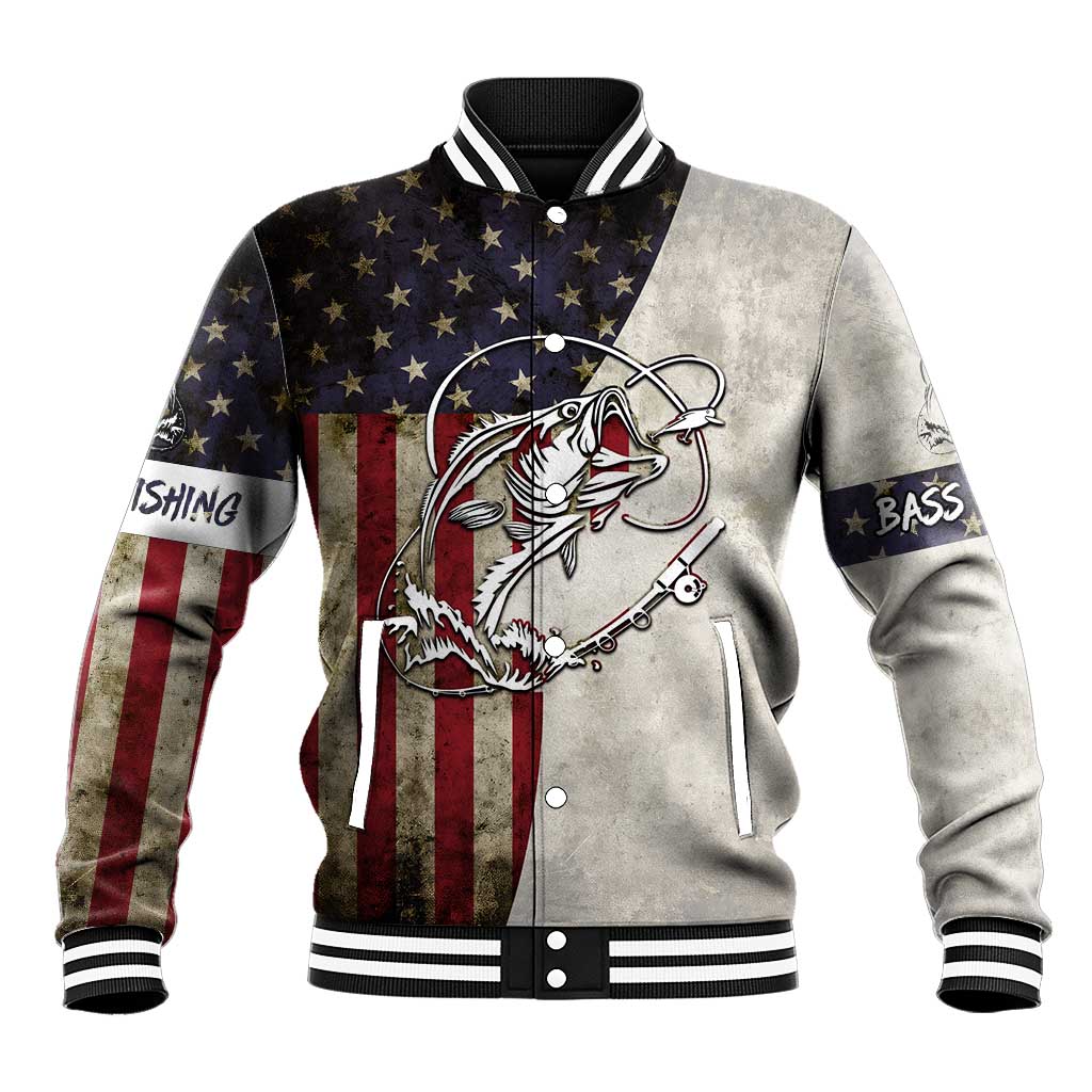 Personalized Distressed American Flag Bass Fishing Baseball Jacket Hooked Fish and Rustic Vintage Theme - Wonder Print Shop