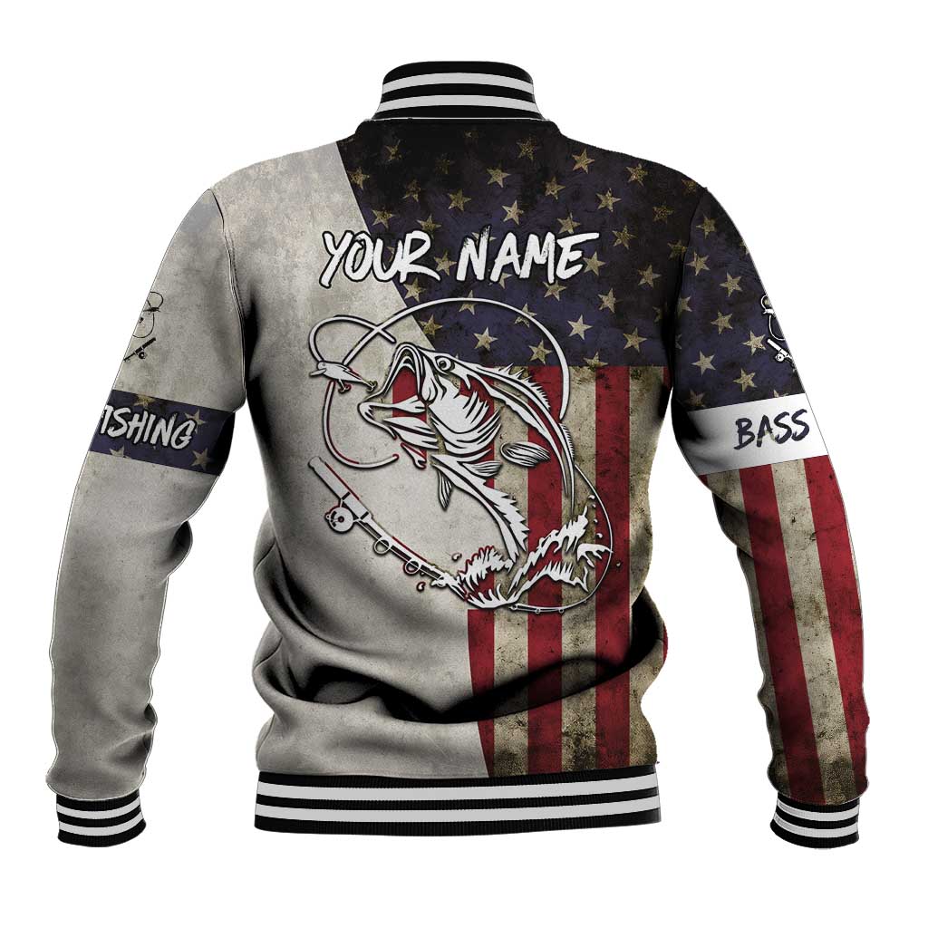 Personalized Distressed American Flag Bass Fishing Baseball Jacket Hooked Fish and Rustic Vintage Theme - Wonder Print Shop