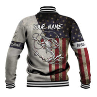 Personalized Distressed American Flag Bass Fishing Baseball Jacket Hooked Fish and Rustic Vintage Theme - Wonder Print Shop