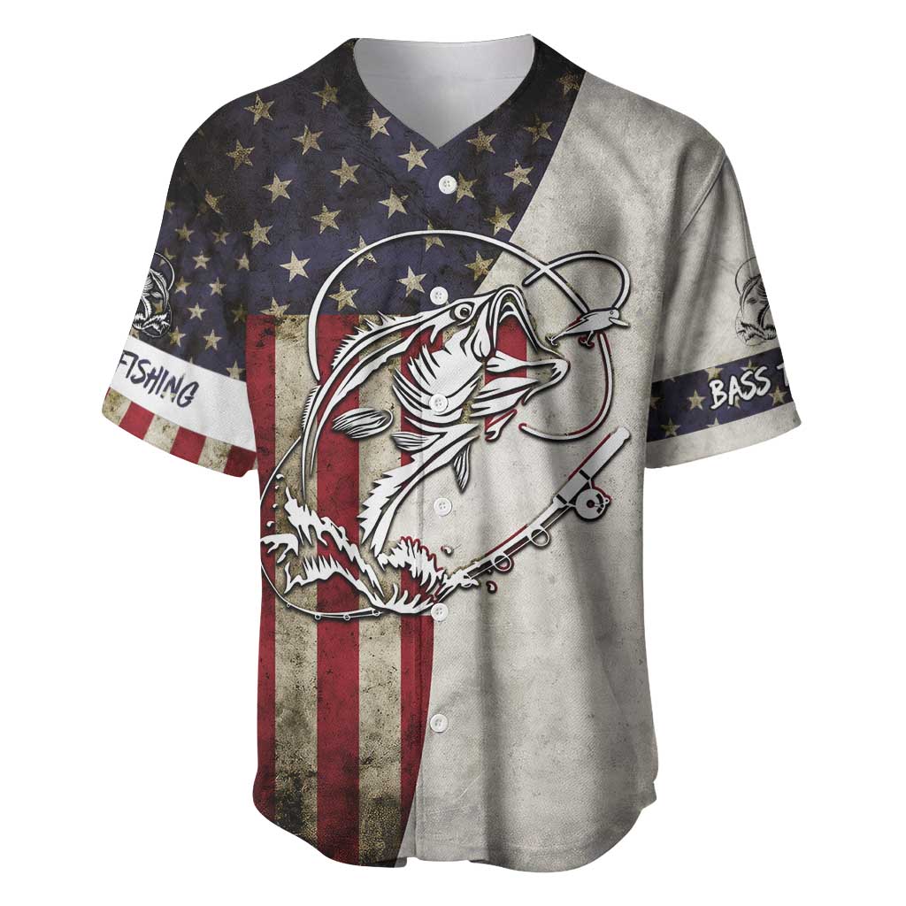Personalized Distressed American Flag Bass Fishing Baseball Jersey Hooked Fish and Rustic Vintage Theme - Wonder Print Shop