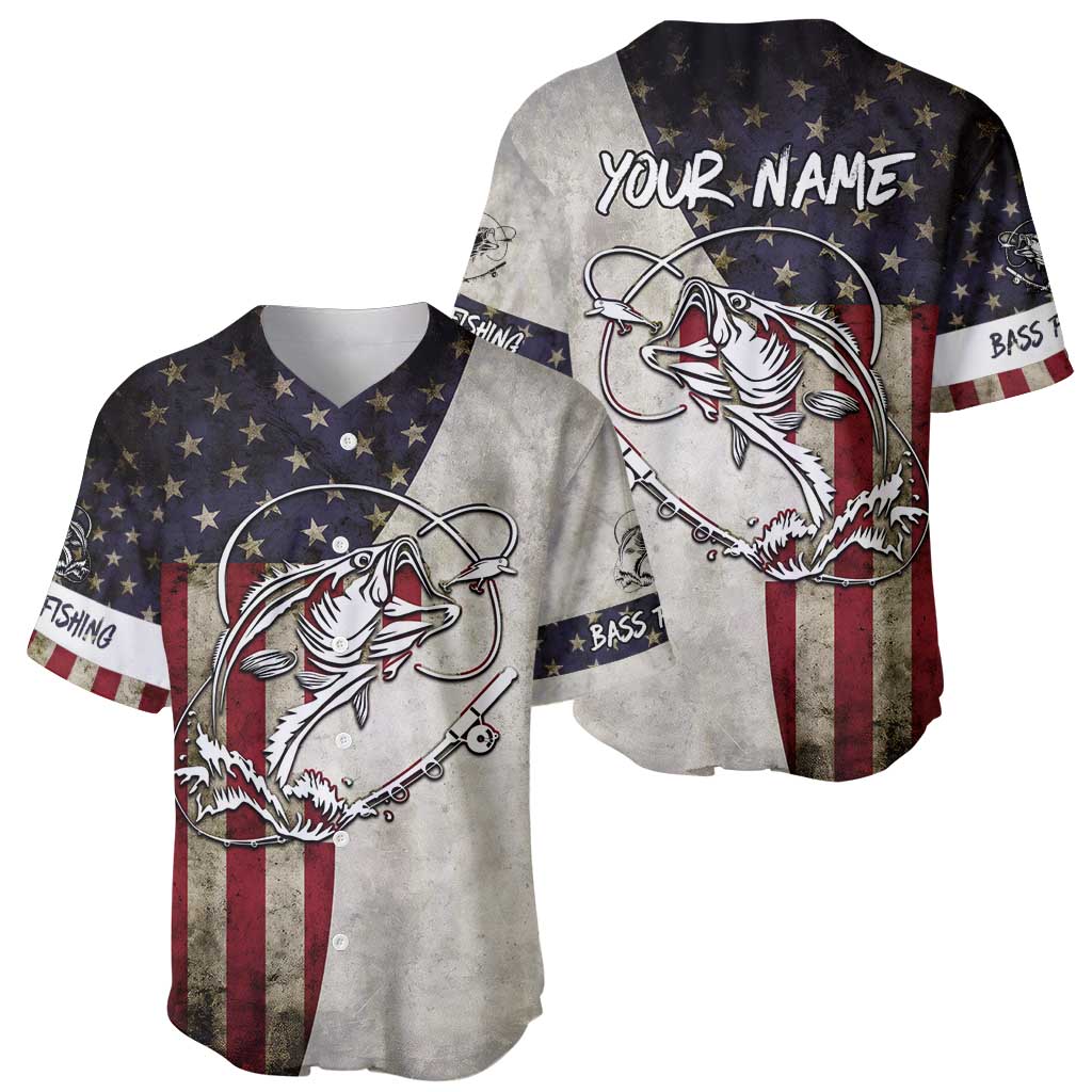 Personalized Distressed American Flag Bass Fishing Baseball Jersey Hooked Fish and Rustic Vintage Theme - Wonder Print Shop