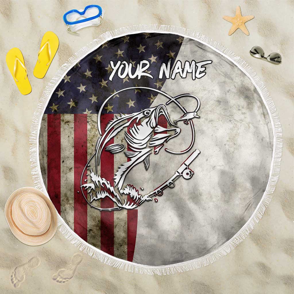 Personalized Distressed American Flag Bass Fishing Beach Blanket Hooked Fish and Rustic Vintage Theme - Wonder Print Shop