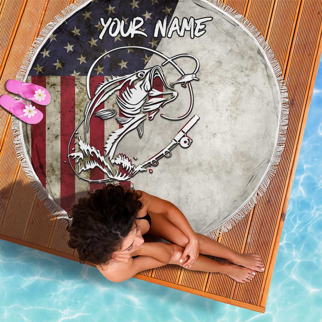 Personalized Distressed American Flag Bass Fishing Beach Blanket Hooked Fish and Rustic Vintage Theme - Wonder Print Shop