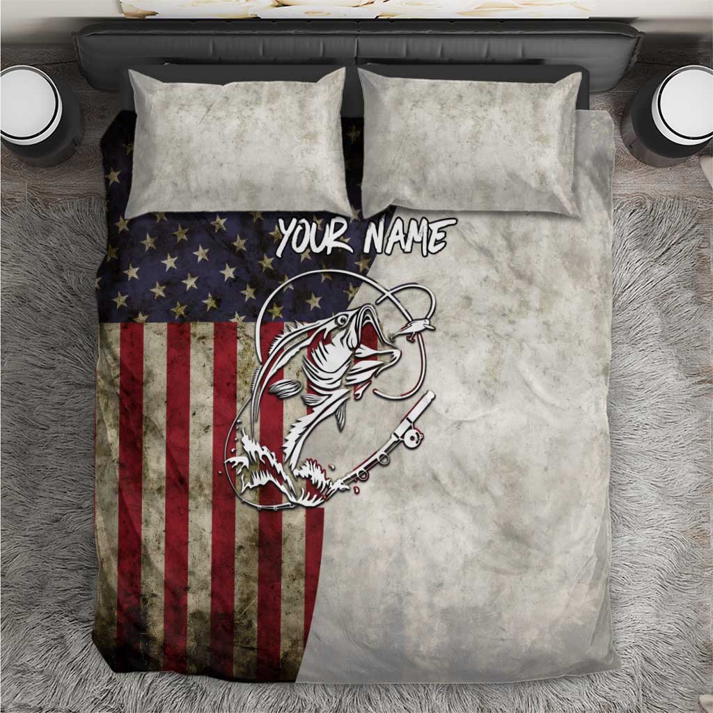 Personalized Distressed American Flag Bass Fishing Bedding Set Hooked Fish and Rustic Vintage Theme - Wonder Print Shop