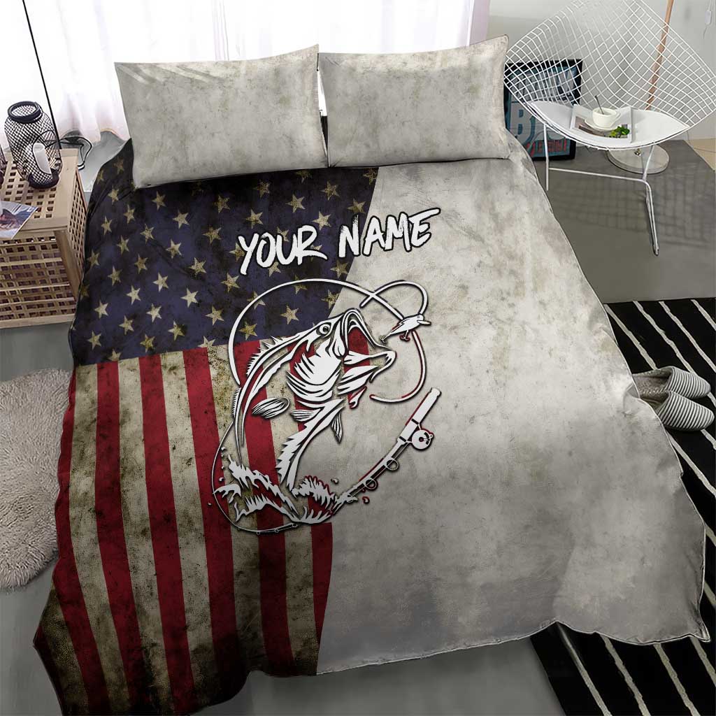 Personalized Distressed American Flag Bass Fishing Bedding Set Hooked Fish and Rustic Vintage Theme - Wonder Print Shop