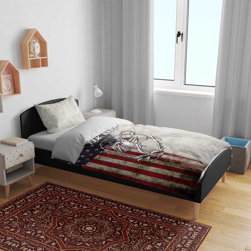 Personalized Distressed American Flag Bass Fishing Bedding Set Hooked Fish and Rustic Vintage Theme - Wonder Print Shop
