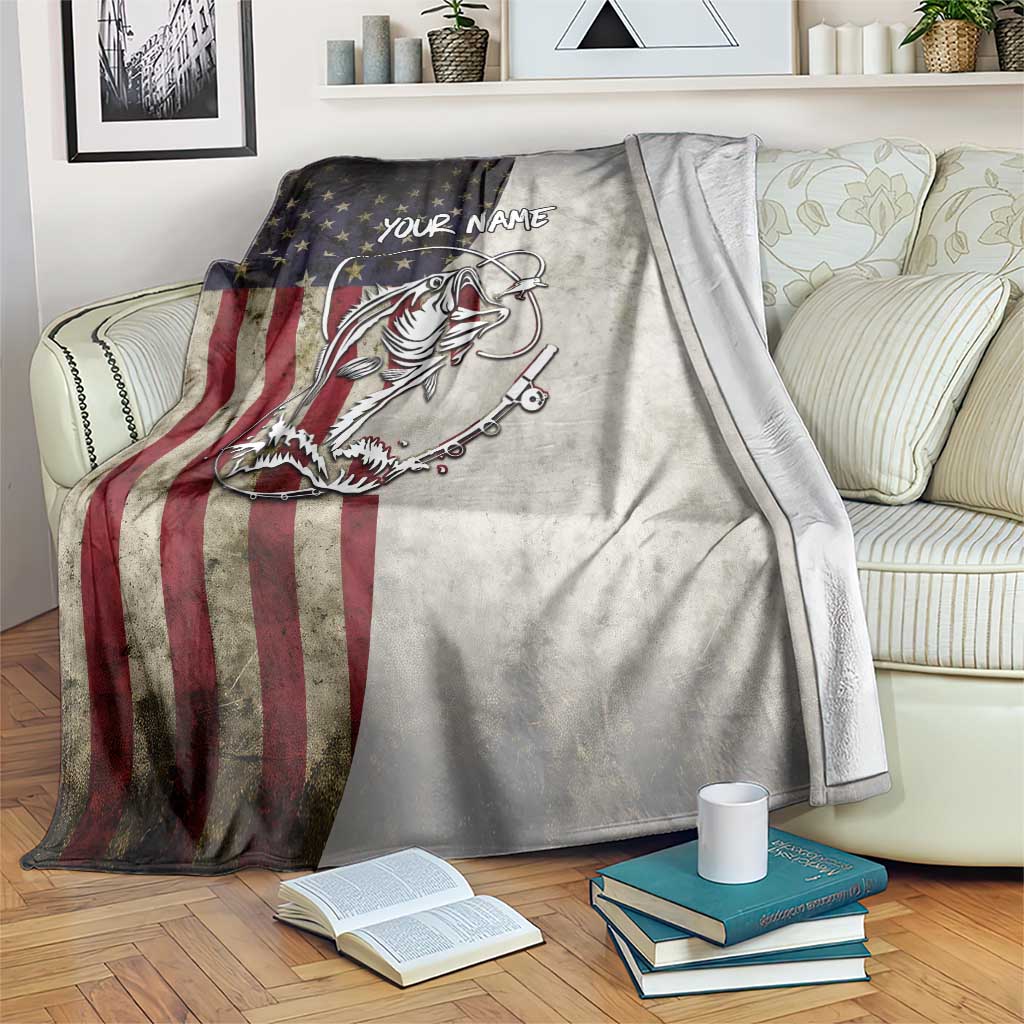 Personalized Distressed American Flag Bass Fishing Blanket Hooked Fish and Rustic Vintage Theme - Wonder Print Shop