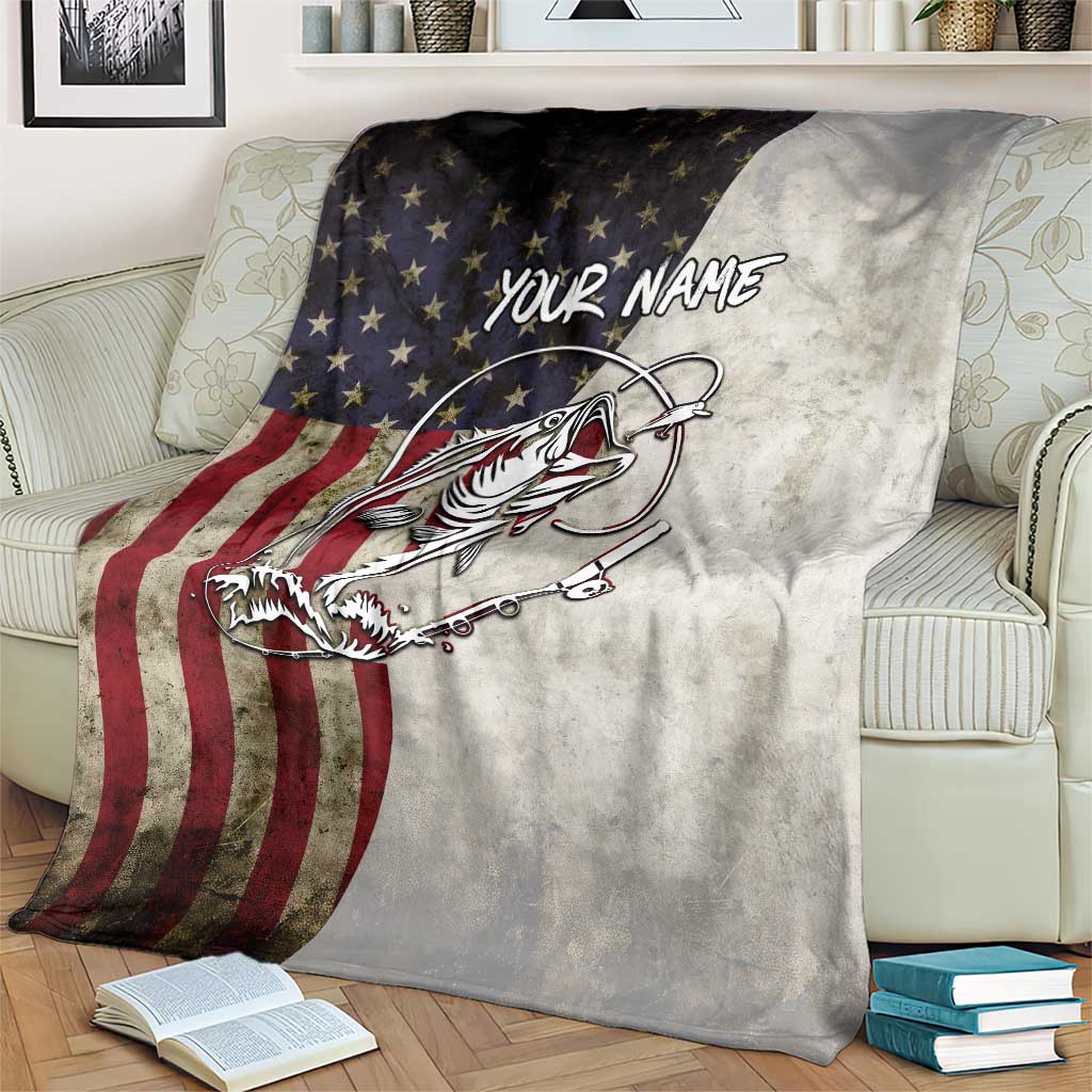 Personalized Distressed American Flag Bass Fishing Blanket Hooked Fish and Rustic Vintage Theme - Wonder Print Shop