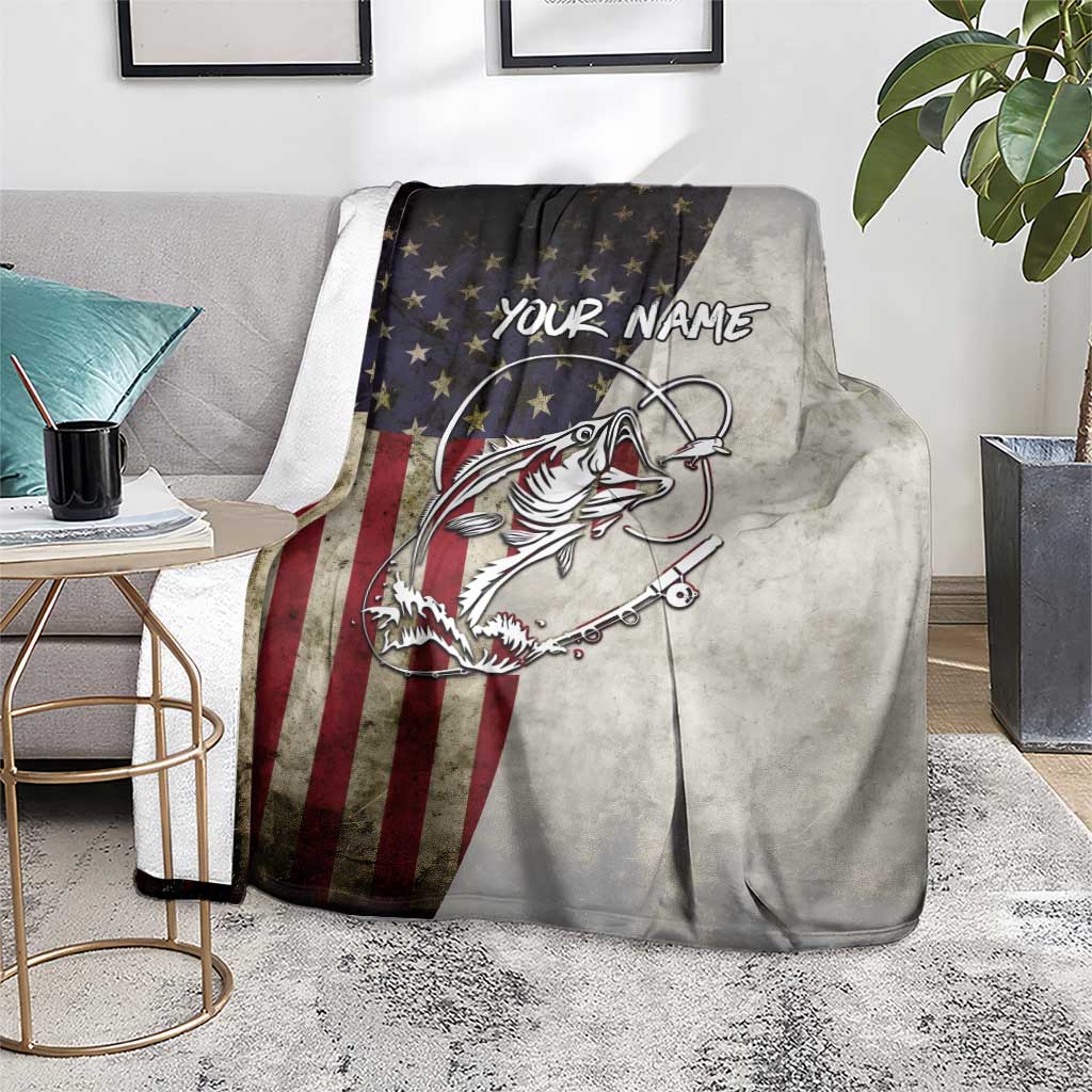 Personalized Distressed American Flag Bass Fishing Blanket Hooked Fish and Rustic Vintage Theme - Wonder Print Shop