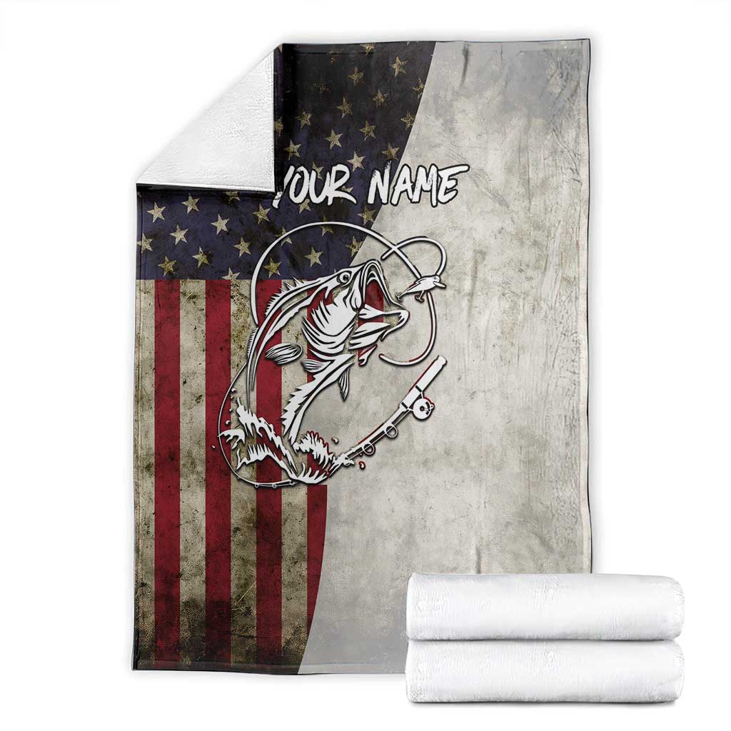 Personalized Distressed American Flag Bass Fishing Blanket Hooked Fish and Rustic Vintage Theme - Wonder Print Shop