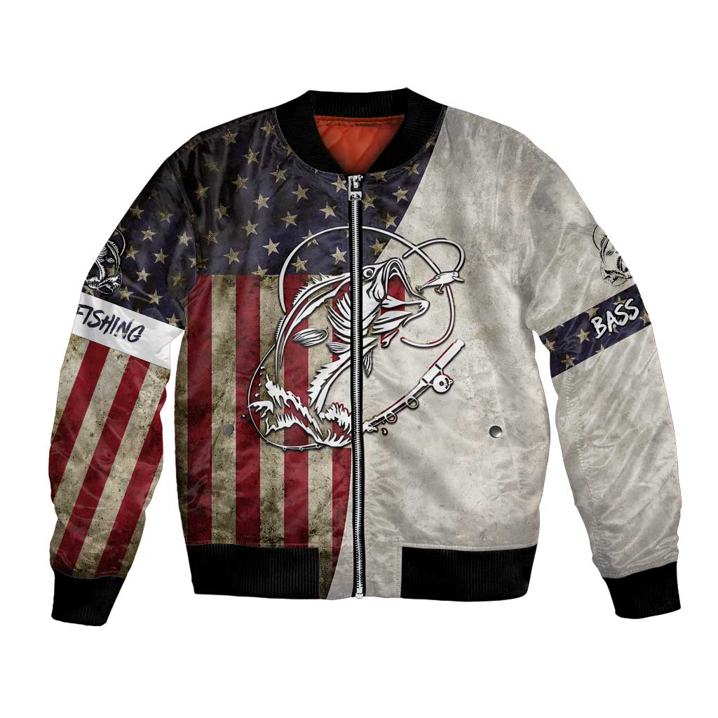 Personalized Distressed American Flag Bass Fishing Bomber Jacket Hooked Fish and Rustic Vintage Theme - Wonder Print Shop