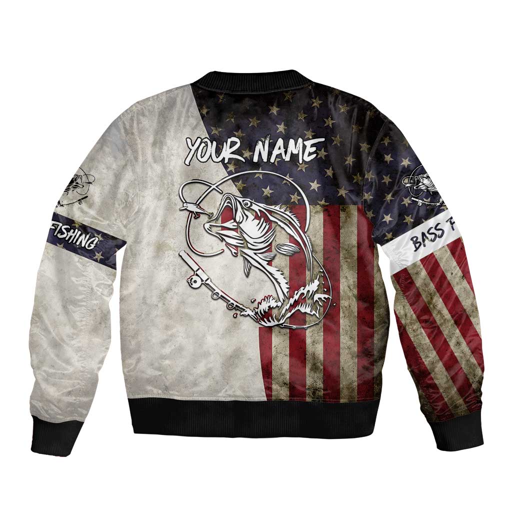 Personalized Distressed American Flag Bass Fishing Bomber Jacket Hooked Fish and Rustic Vintage Theme - Wonder Print Shop