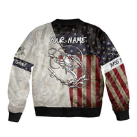 Personalized Distressed American Flag Bass Fishing Bomber Jacket Hooked Fish and Rustic Vintage Theme - Wonder Print Shop