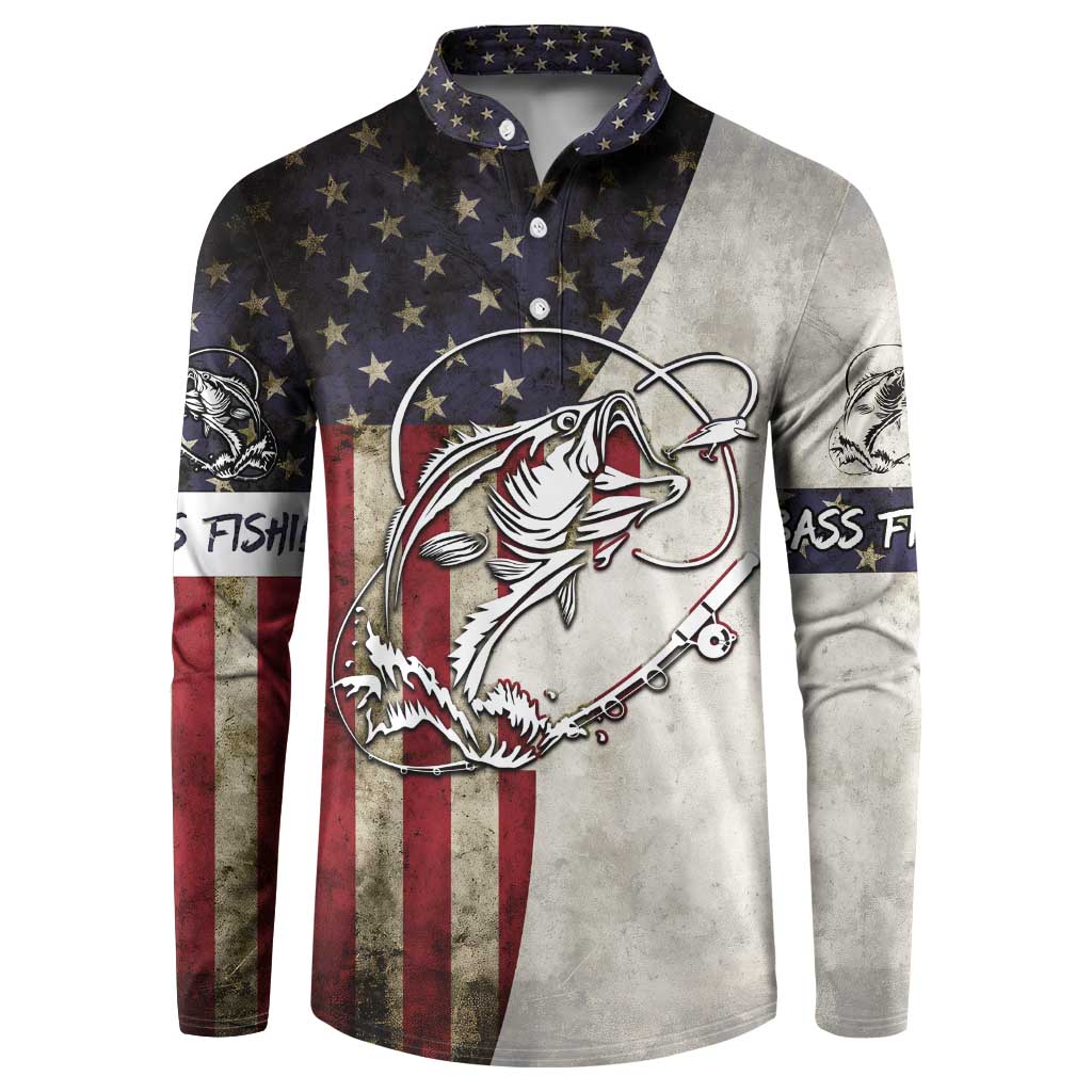 Personalized Distressed American Flag Bass Fishing Button Sweatshirt Hooked Fish and Rustic Vintage Theme - Wonder Print Shop