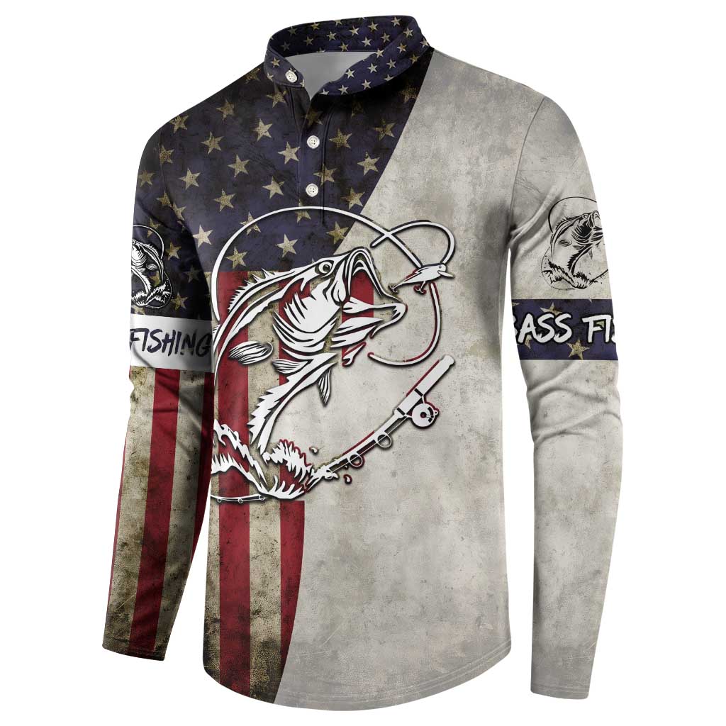 Personalized Distressed American Flag Bass Fishing Button Sweatshirt Hooked Fish and Rustic Vintage Theme - Wonder Print Shop