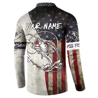 Personalized Distressed American Flag Bass Fishing Button Sweatshirt Hooked Fish and Rustic Vintage Theme - Wonder Print Shop