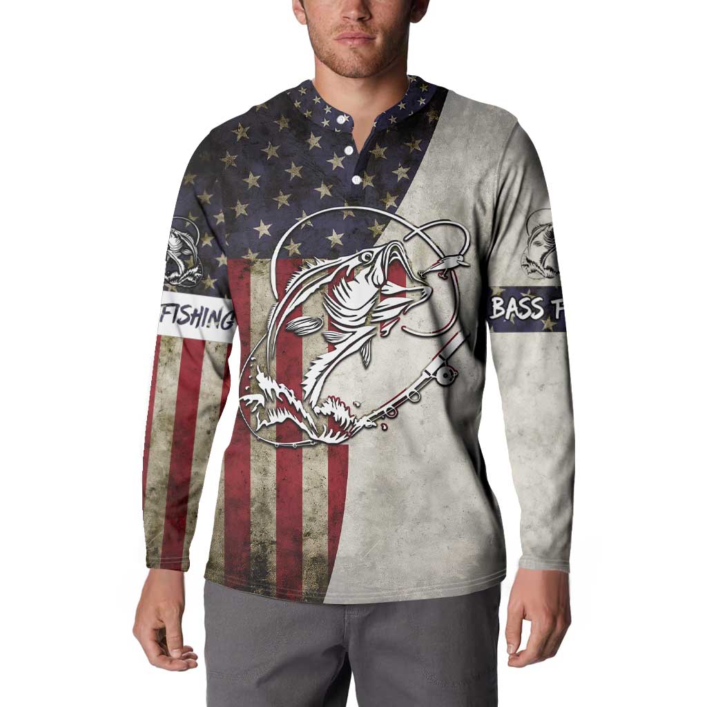 Personalized Distressed American Flag Bass Fishing Button Sweatshirt Hooked Fish and Rustic Vintage Theme - Wonder Print Shop