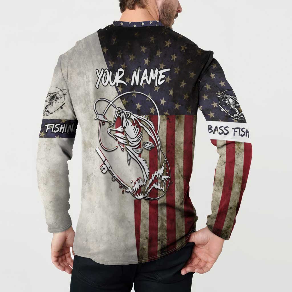 Personalized Distressed American Flag Bass Fishing Button Sweatshirt Hooked Fish and Rustic Vintage Theme - Wonder Print Shop