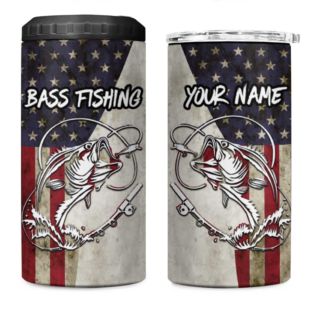 Personalized Distressed American Flag Bass Fishing 4 in 1 Can Cooler Tumbler Hooked Fish and Rustic Vintage Theme - Wonder Print Shop