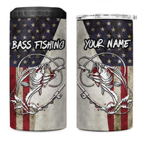 Personalized Distressed American Flag Bass Fishing 4 in 1 Can Cooler Tumbler Hooked Fish and Rustic Vintage Theme - Wonder Print Shop