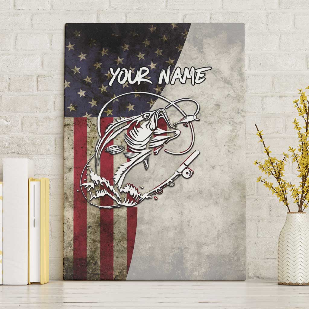 Personalized Distressed American Flag Bass Fishing Canvas Wall Art Hooked Fish and Rustic Vintage Theme - Wonder Print Shop