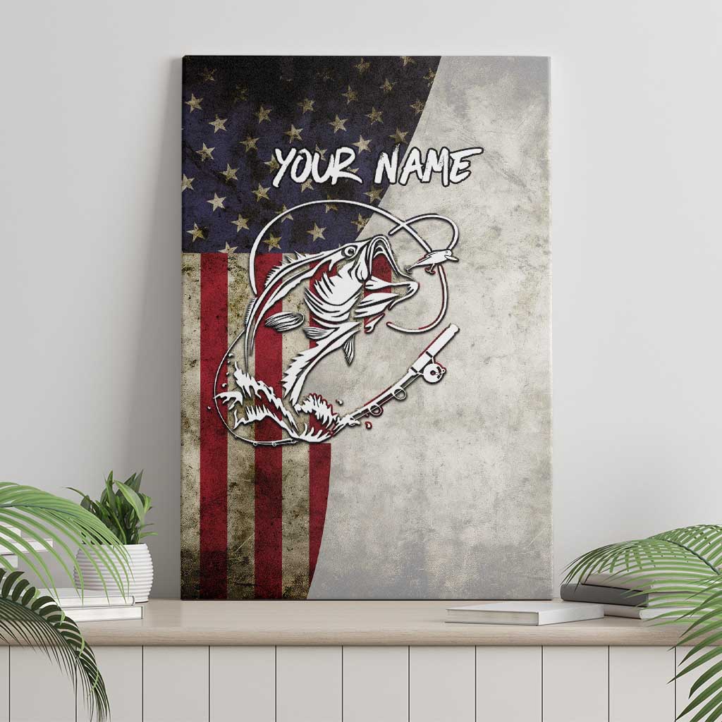 Personalized Distressed American Flag Bass Fishing Canvas Wall Art Hooked Fish and Rustic Vintage Theme - Wonder Print Shop