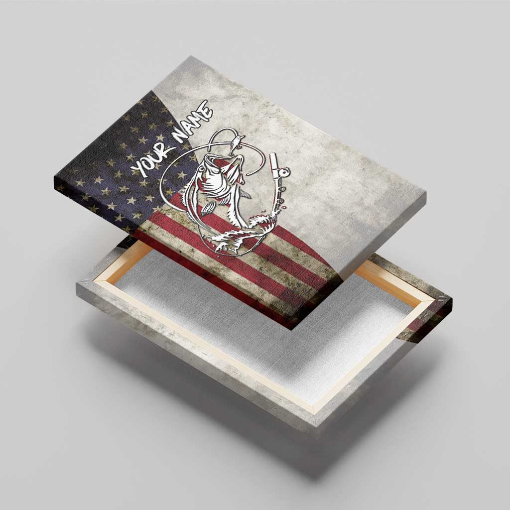Personalized Distressed American Flag Bass Fishing Canvas Wall Art Hooked Fish and Rustic Vintage Theme - Wonder Print Shop