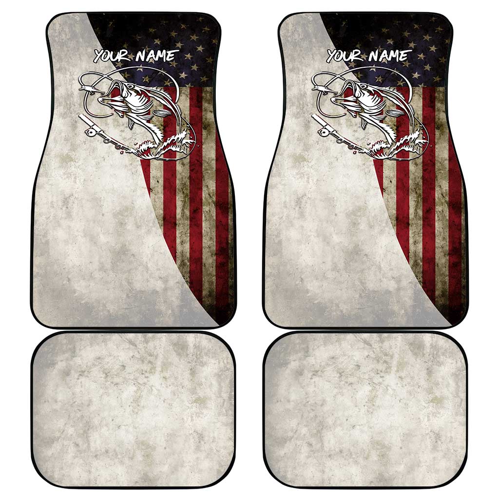 Personalized Distressed American Flag Bass Fishing Car Mats Hooked Fish and Rustic Vintage Theme - Wonder Print Shop