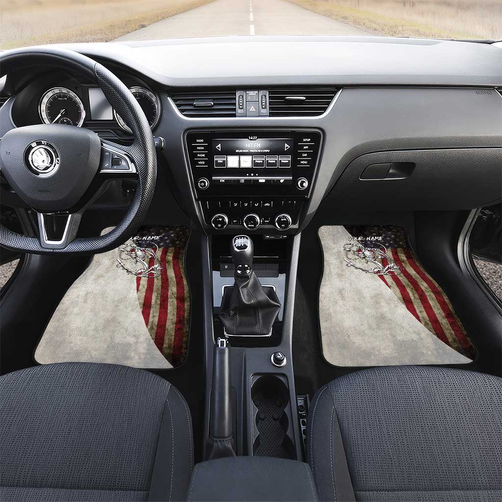 Personalized Distressed American Flag Bass Fishing Car Mats Hooked Fish and Rustic Vintage Theme - Wonder Print Shop