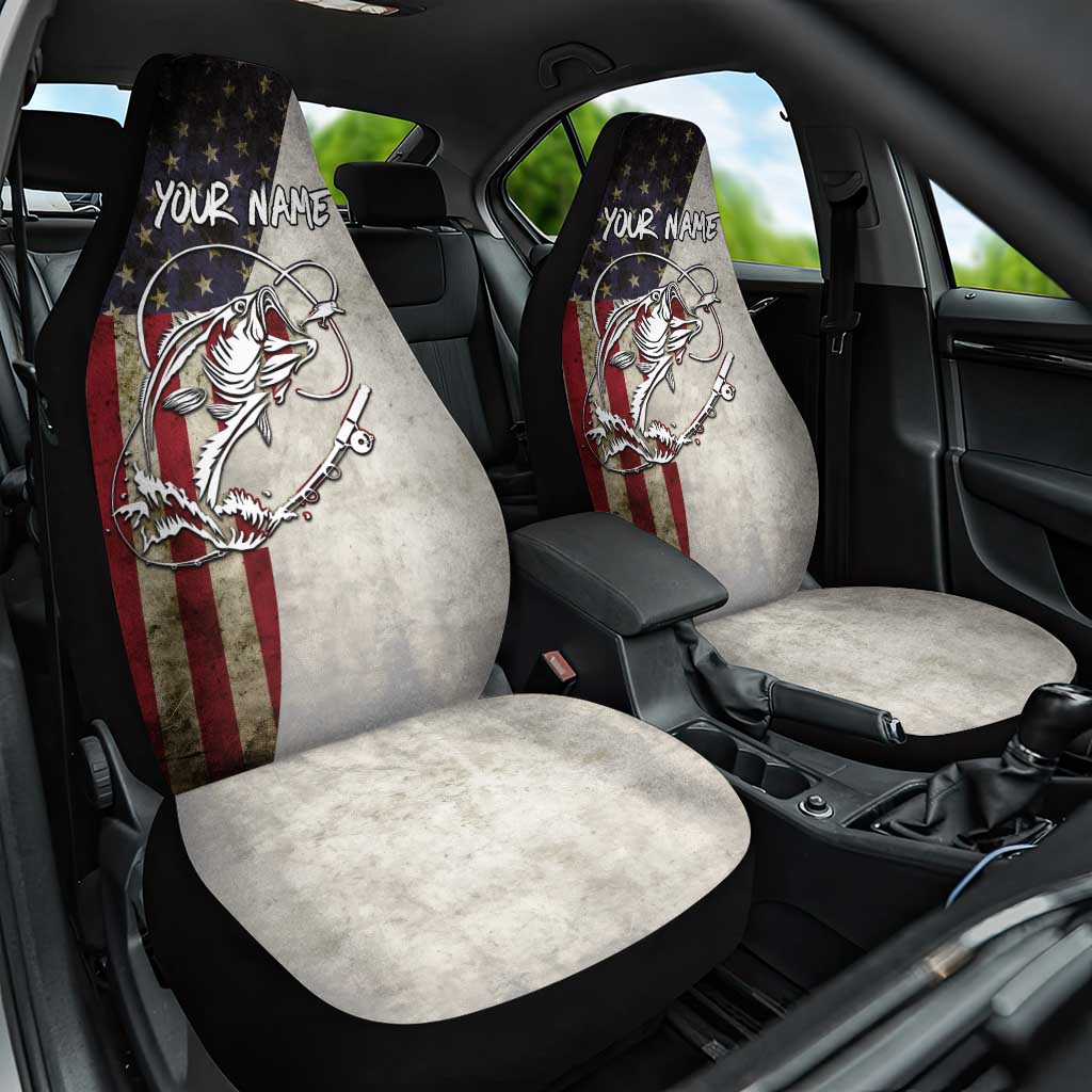 Personalized Distressed American Flag Bass Fishing Car Seat Cover Hooked Fish and Rustic Vintage Theme - Wonder Print Shop