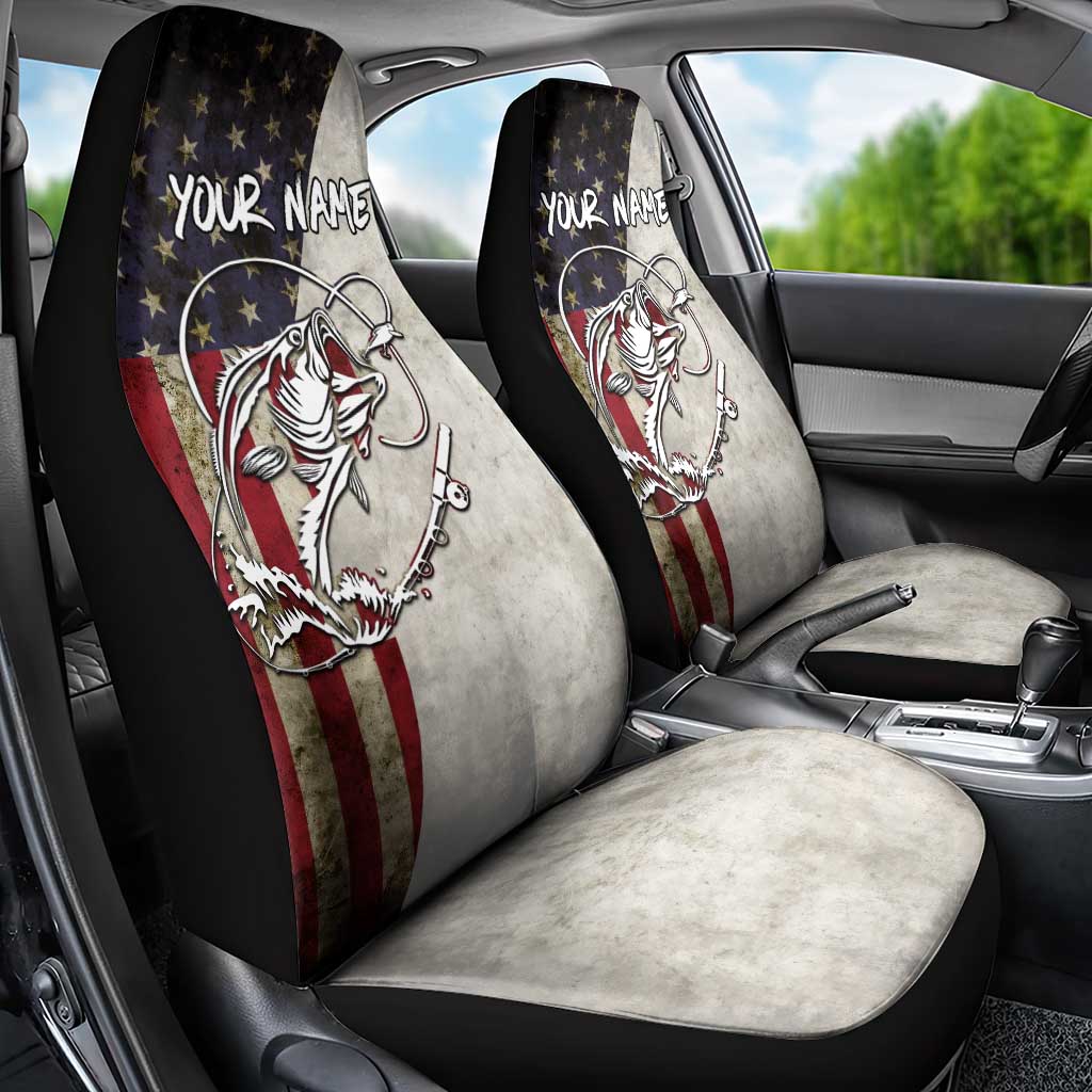 Personalized Distressed American Flag Bass Fishing Car Seat Cover Hooked Fish and Rustic Vintage Theme - Wonder Print Shop