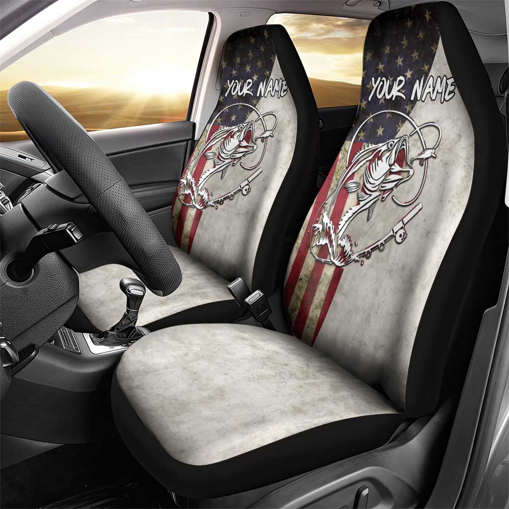 Personalized Distressed American Flag Bass Fishing Car Seat Cover Hooked Fish and Rustic Vintage Theme - Wonder Print Shop