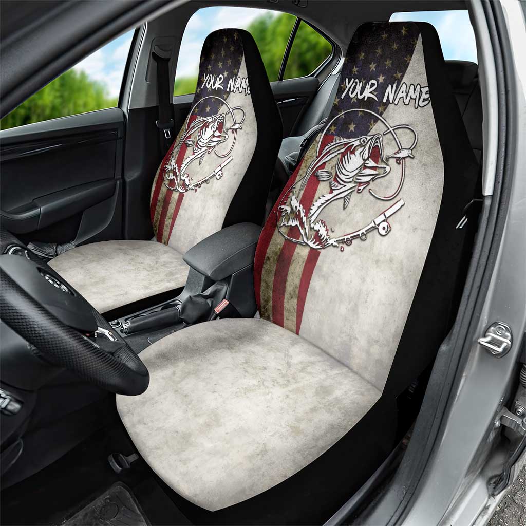 Personalized Distressed American Flag Bass Fishing Car Seat Cover Hooked Fish and Rustic Vintage Theme - Wonder Print Shop