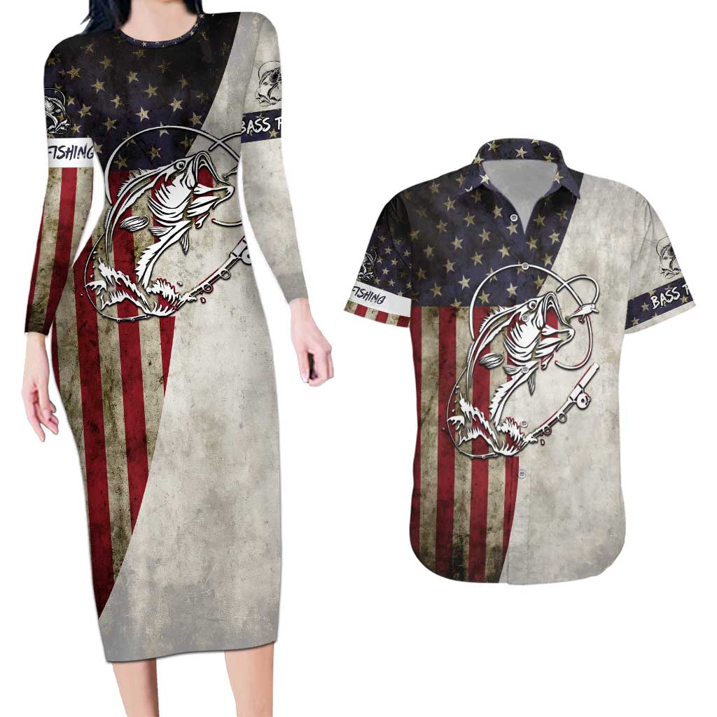 Personalized Distressed American Flag Bass Fishing Couples Matching Long Sleeve Bodycon Dress and Hawaiian Shirt Hooked Fish and Rustic Vintage Theme - Wonder Print Shop