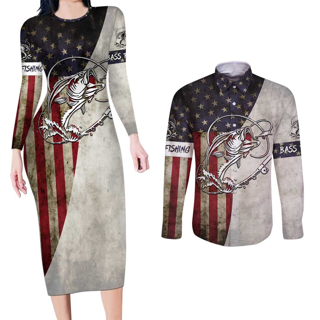 Personalized Distressed American Flag Bass Fishing Couples Matching Long Sleeve Bodycon Dress and Long Sleeve Button Shirt Hooked Fish and Rustic Vintage Theme - Wonder Print Shop