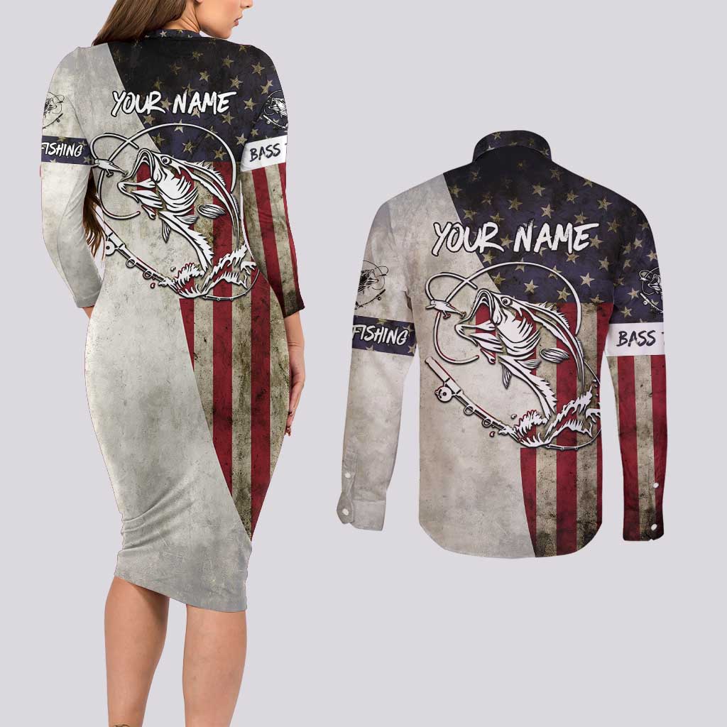 Personalized Distressed American Flag Bass Fishing Couples Matching Long Sleeve Bodycon Dress and Long Sleeve Button Shirt Hooked Fish and Rustic Vintage Theme - Wonder Print Shop
