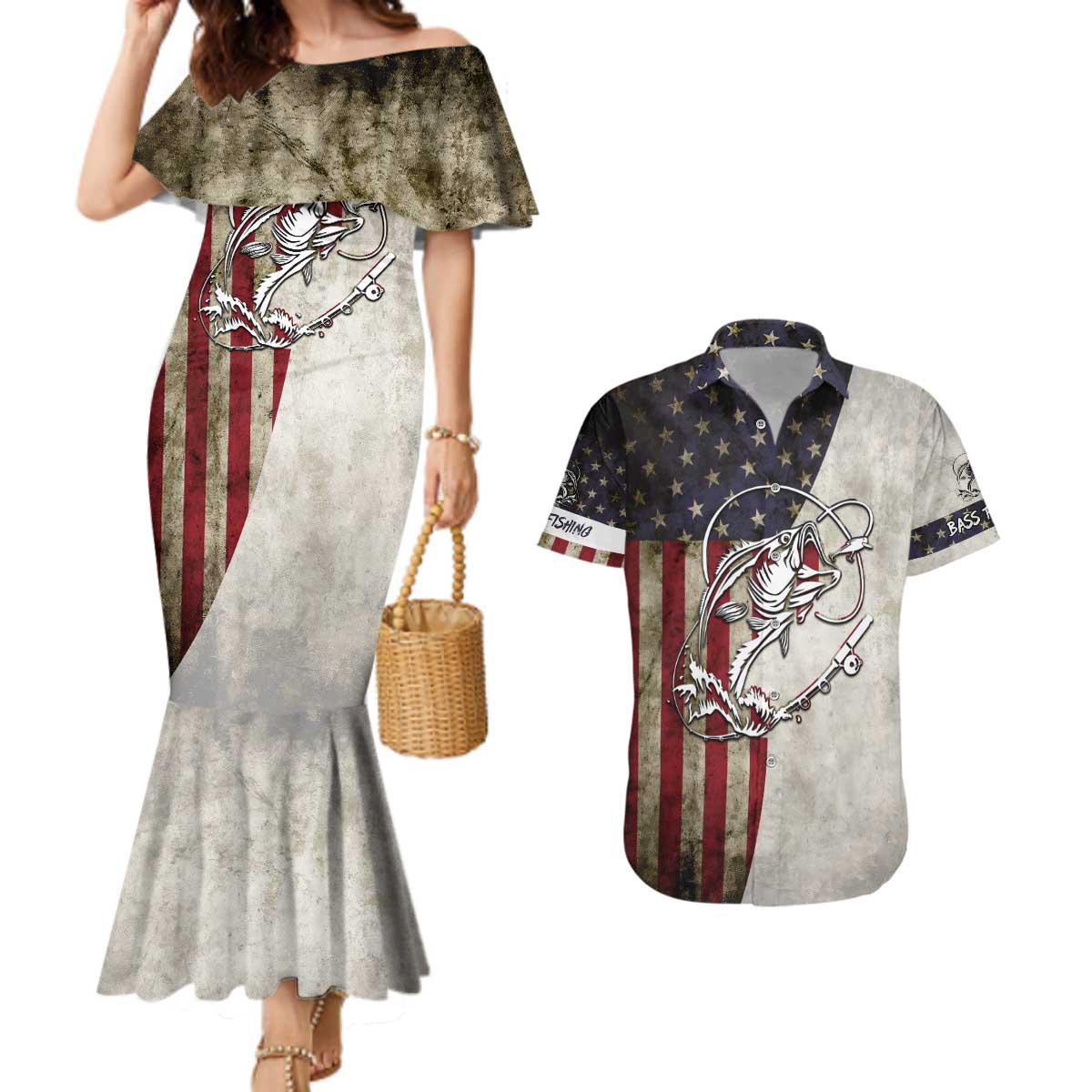 Personalized Distressed American Flag Bass Fishing Couples Matching Mermaid Dress and Hawaiian Shirt Hooked Fish and Rustic Vintage Theme - Wonder Print Shop