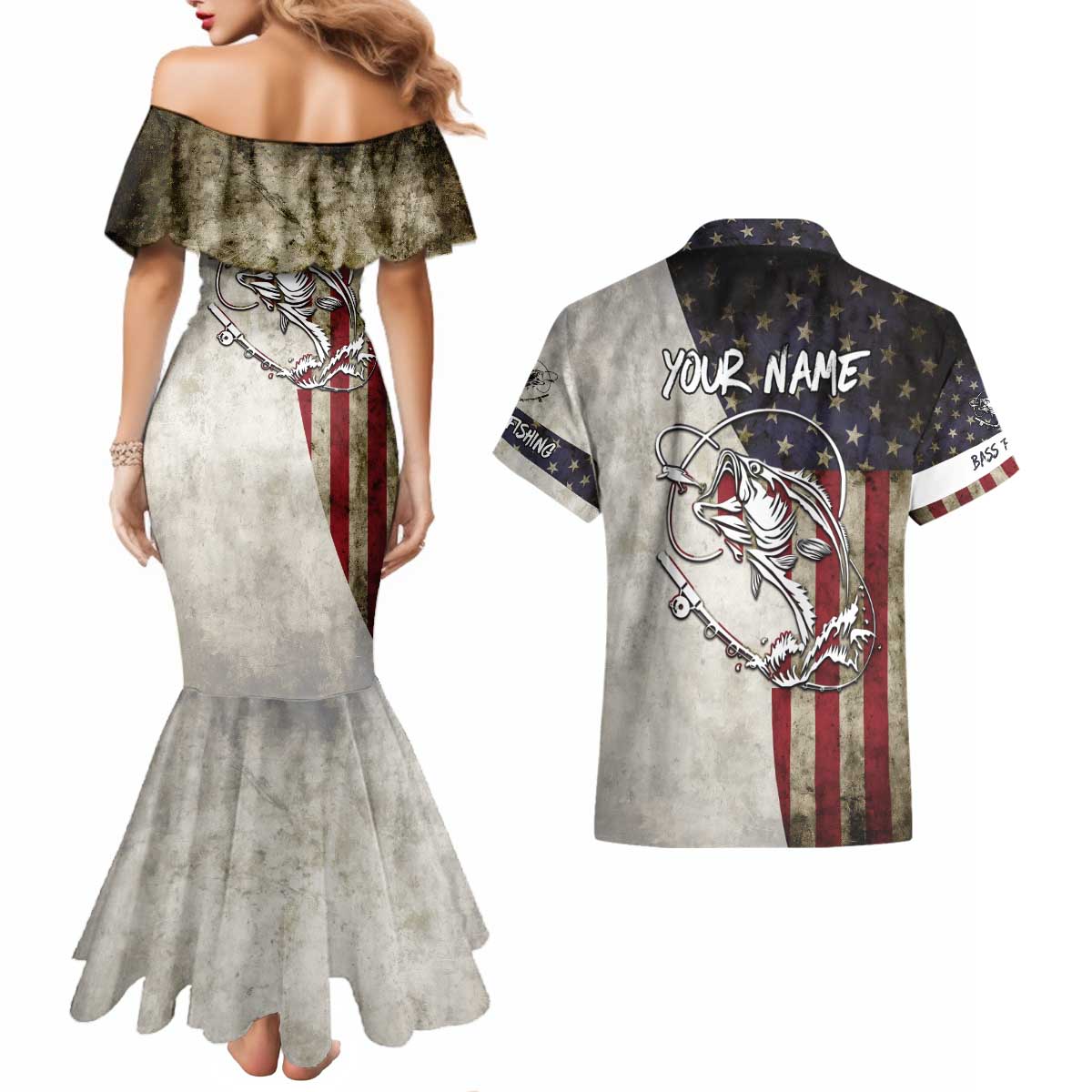 Personalized Distressed American Flag Bass Fishing Couples Matching Mermaid Dress and Hawaiian Shirt Hooked Fish and Rustic Vintage Theme - Wonder Print Shop