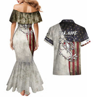 Personalized Distressed American Flag Bass Fishing Couples Matching Mermaid Dress and Hawaiian Shirt Hooked Fish and Rustic Vintage Theme - Wonder Print Shop