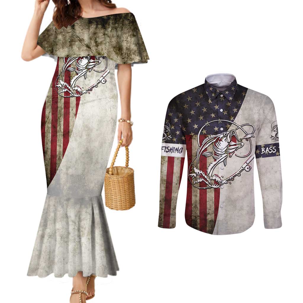 Personalized Distressed American Flag Bass Fishing Couples Matching Mermaid Dress and Long Sleeve Button Shirt Hooked Fish and Rustic Vintage Theme - Wonder Print Shop