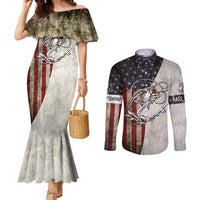 Personalized Distressed American Flag Bass Fishing Couples Matching Mermaid Dress and Long Sleeve Button Shirt Hooked Fish and Rustic Vintage Theme - Wonder Print Shop
