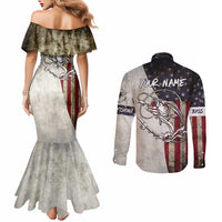Personalized Distressed American Flag Bass Fishing Couples Matching Mermaid Dress and Long Sleeve Button Shirt Hooked Fish and Rustic Vintage Theme - Wonder Print Shop